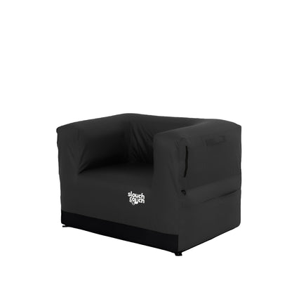 Black corner chair with a logo on a white background